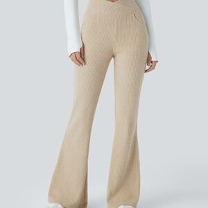 Ribbed Knit Crossover High Waisted Flare Pants Beige:  Small (New With Tags)